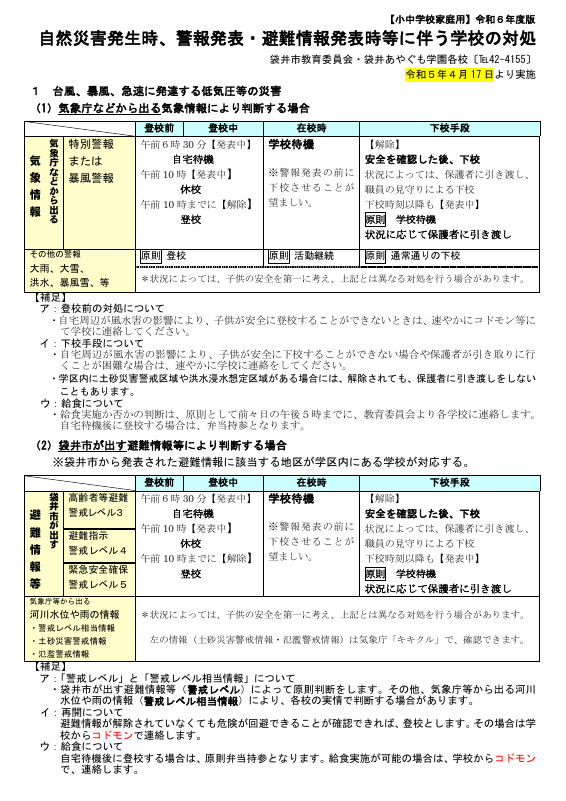 R6 自然災害発生時、警報発表・避難情報発表時等に伴う学校の対処.pdfの1ページ目のサムネイル